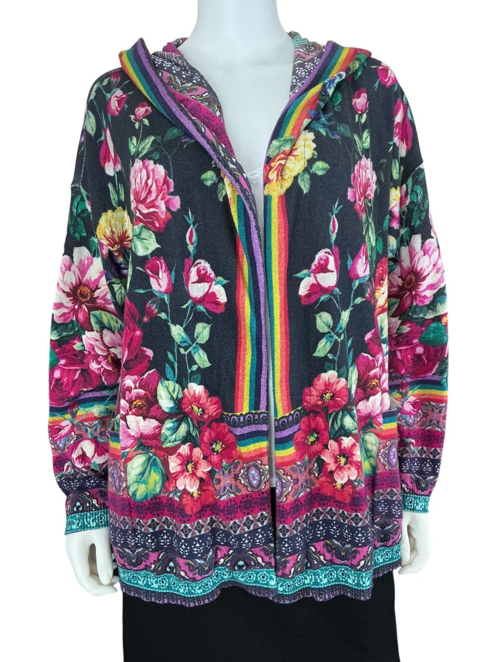 Johnny Was Cashmere Cotton Hooded Cardigan Size M Vibrant Floral Print BOHO